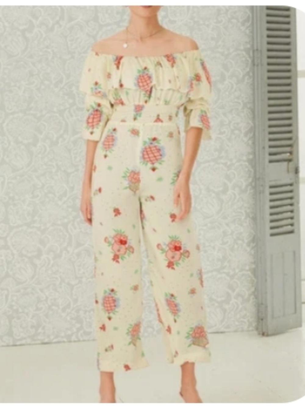 Celia Birtwell Off-Shoulder Cream Floral Jumpsuit
